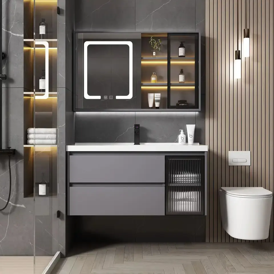 Tocador de baño moderno, mueble de madera maciza de color gris popular de lujo con tapa de mármol y lavabo