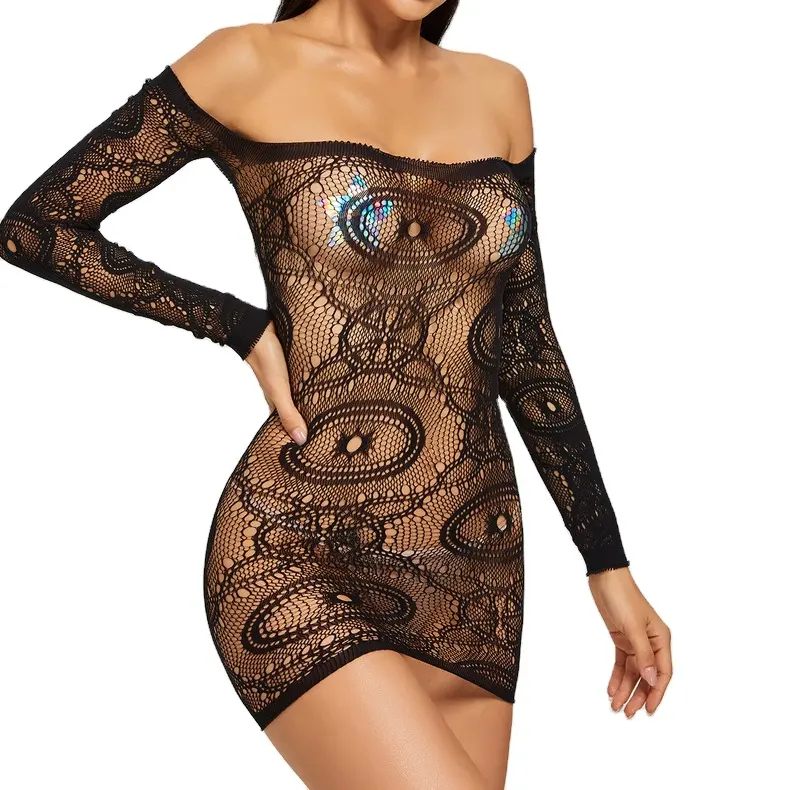 Body sexy de manga larga con hombros descubiertos para mujer, lencería, ropa de discoteca, mini vestido, bodystocks