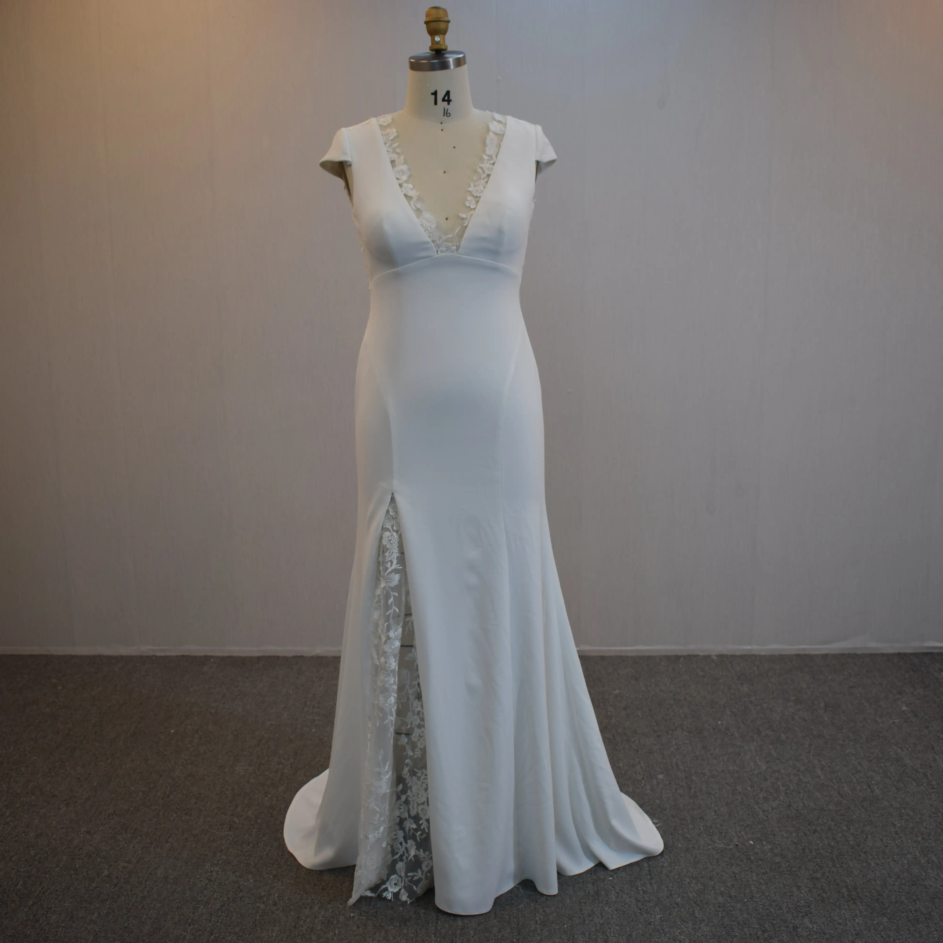 High quality Glamorous trumpet embroidery lace illusion wedding dress cape sleeve Deep V- neckline bridal dress for women