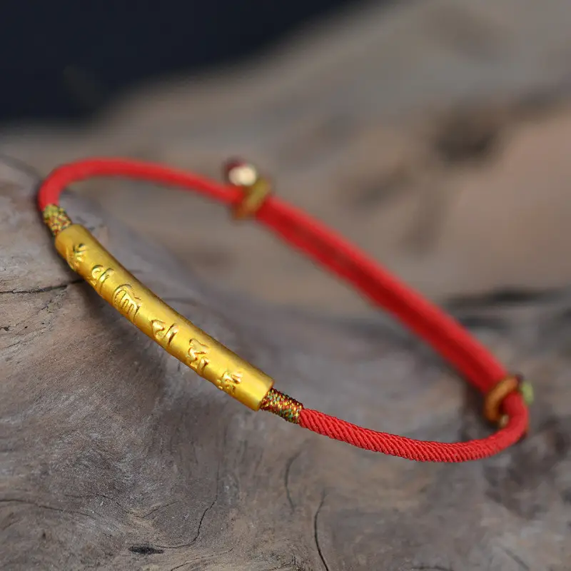 Klassische 999 Sterling Silber Gold Farbe handgemachte rote Schnur Armband für Frauen Sechs Wörter gravierte Mantra Gebet Buddhismus Schmuck