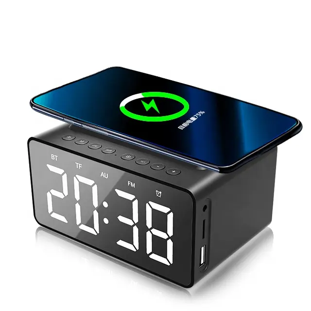 Reloj despertador de carga inalámbrica de 15W, altavoz Bluetooth portátil negro, tamaño pequeño, sonidos de alta calidad con puerto USB, LED Time Show