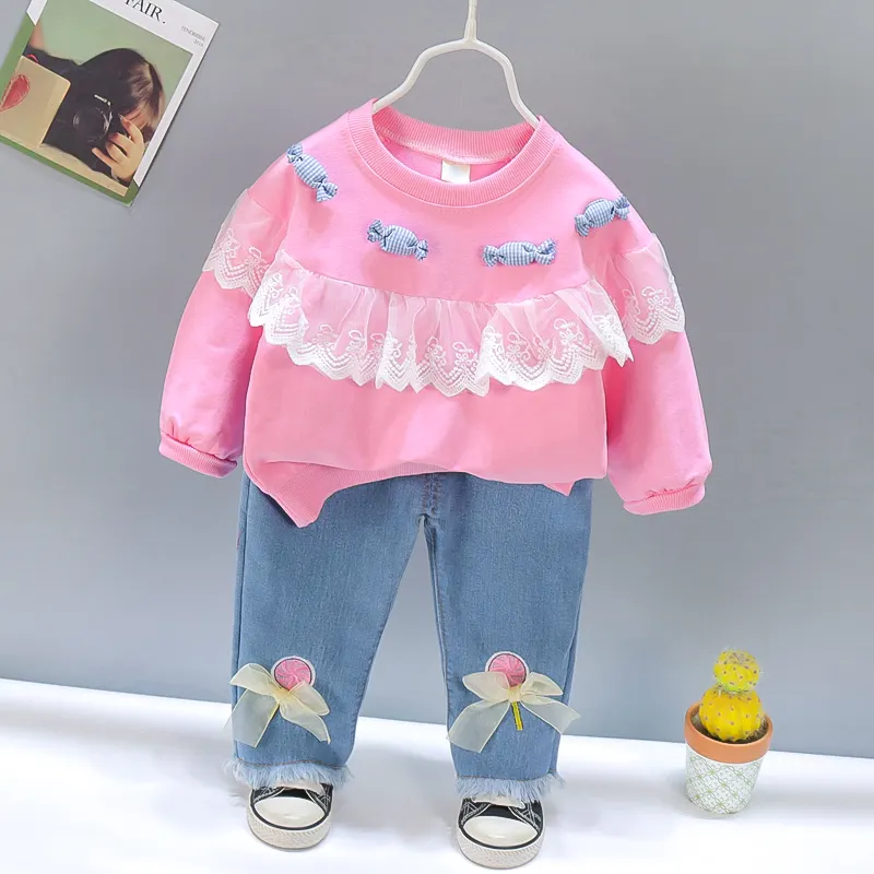 Ropa de Corea para niños, venta al por mayor en 2021, camiseta con decoración de dulces de encaje multicolor, camisa, pantalones vaqueros, 2 piezas de tela