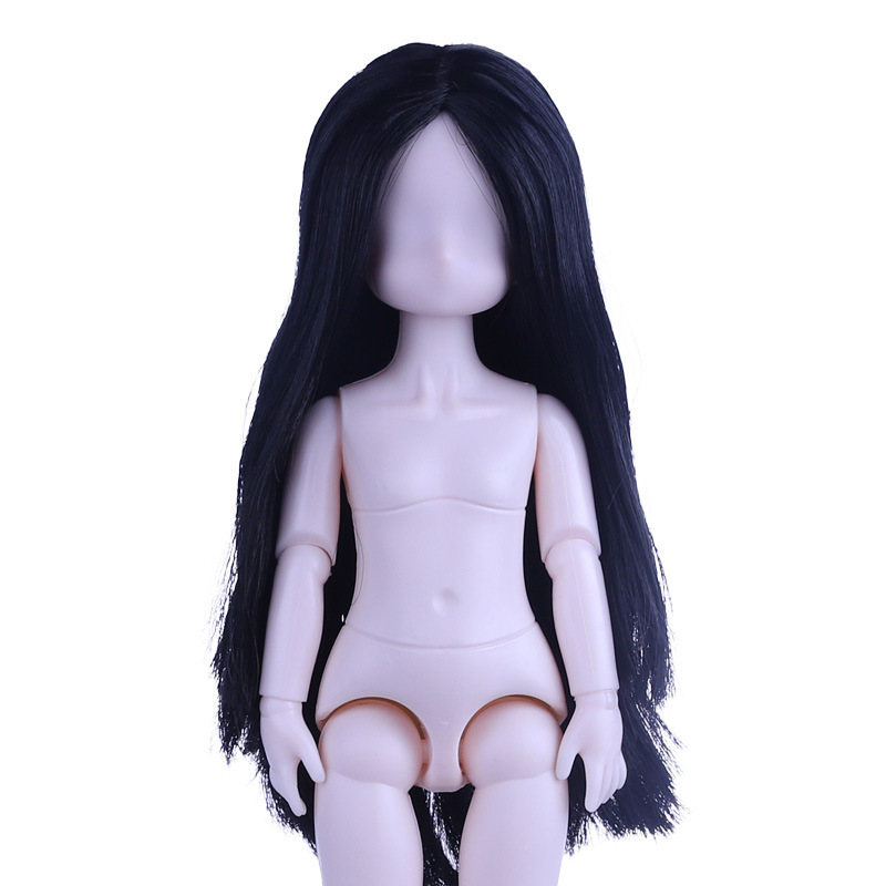 Cabello liso negro con raya al medio - cabeza + cuerpo