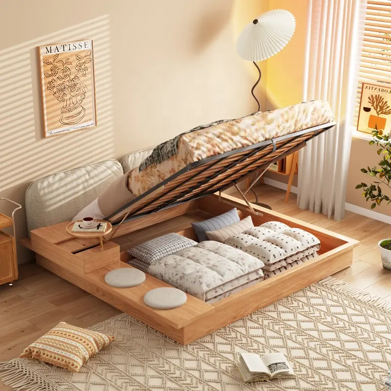Lit de rangement en contreplaqué de bois massif Tatami High Box Simple Master Bedroom Hidden Space Double King Queen Bed