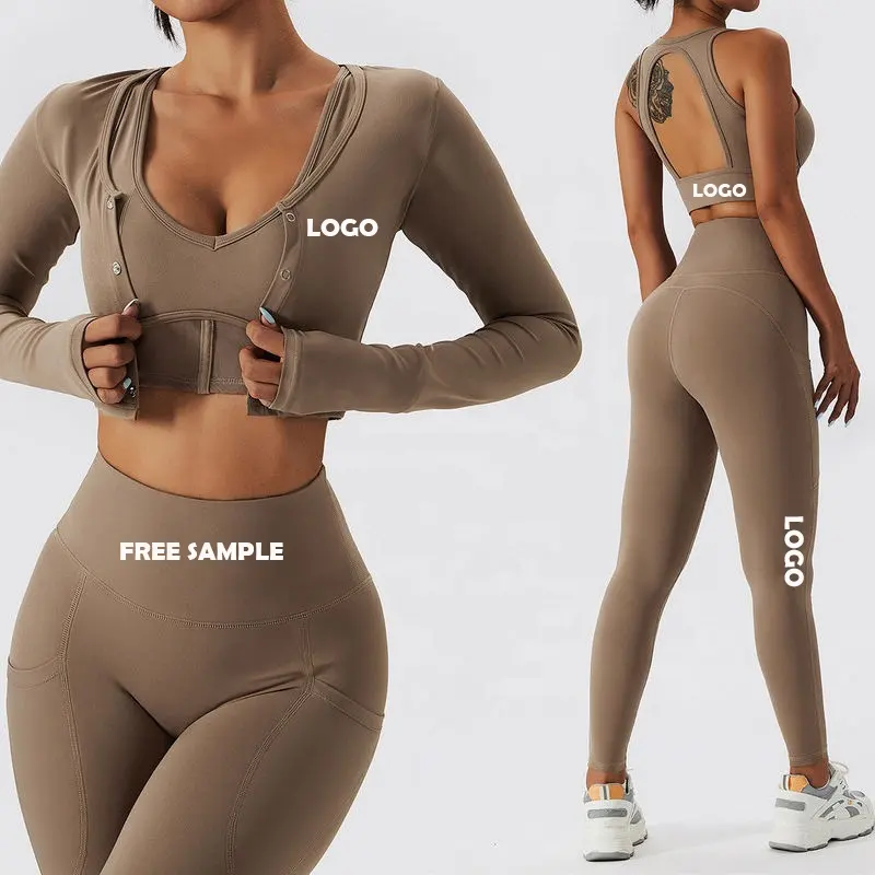 Kostenlose Probe 3 Stück Frauen Workout Kleidung Trainings anzug Frauen Atmungsaktive Sport Langarm Weibliche Sport bekleidung Athletic Yoga Sets