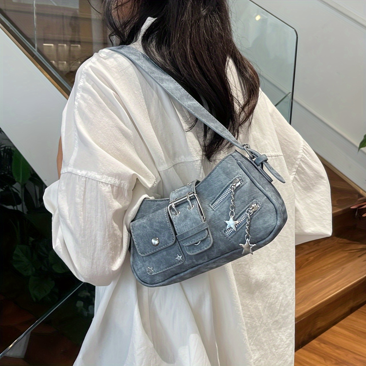 Chic Women's Y2K PU Denim Blue Casual Handbag with Rivet