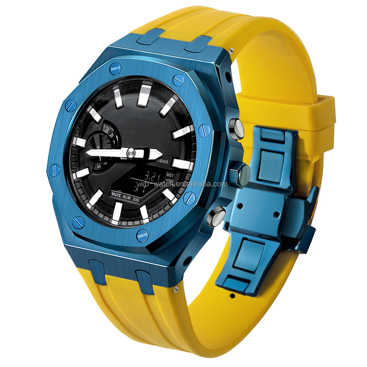 Bague bleue + boîtier bleu + bracelet jaune
