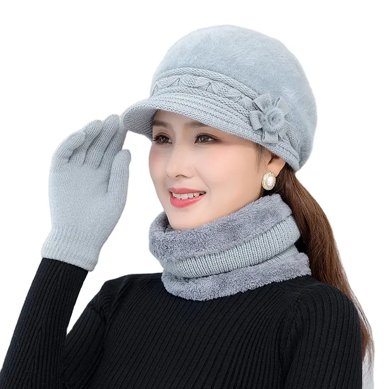 New 3 Pieces Set Women's Knitted Hat Scarf Caps Neck Warmer Winter Hat For Ladies Girls Skullies Beanies Warm Knitted Gloves