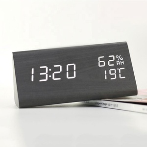 Wooden Alarm Clock Triangle Shaped <strong>Temperature</strong> Humidity LED <strong>Digital</strong> Wood Thermometer Time Wooden Clock Voice Control Desk Clock - Product Image 2