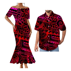 Explosive Models Polynesian Elei Tribal Design Custom Couple Clothes Mens Shirts Short-Sleeved One-Shoulder Fishtail Dress - Product Image 3
