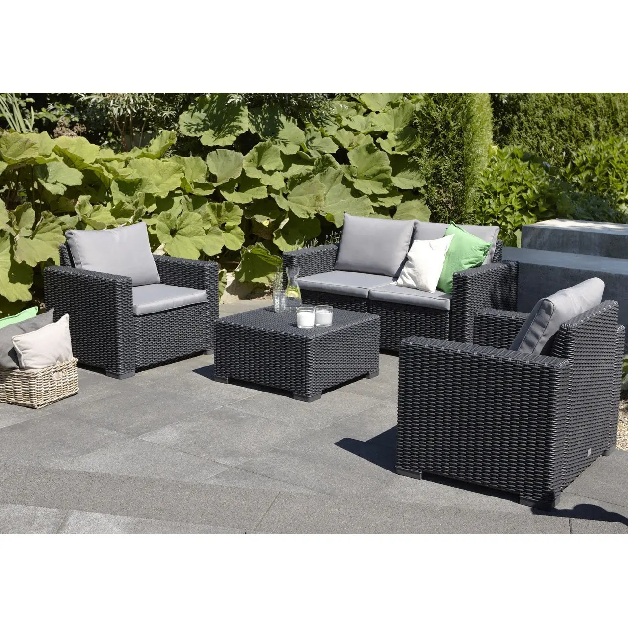 Muebles impermeables para exteriores, conjunto de 4 piezas de mimbre tejido gris, sofá de mimbre para terraza y jardín