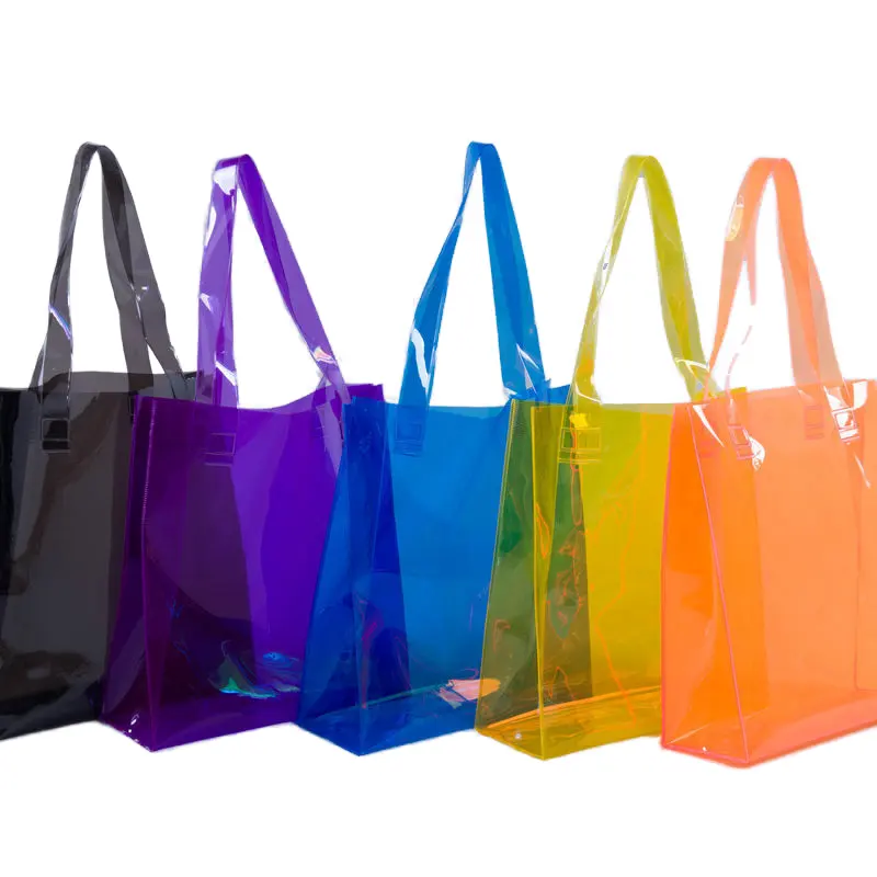 Large Women's Clear PVC Transparent Tote Bags Reusable and Waterproof Summer Beach Bag Oxford Material with Plain Pattern