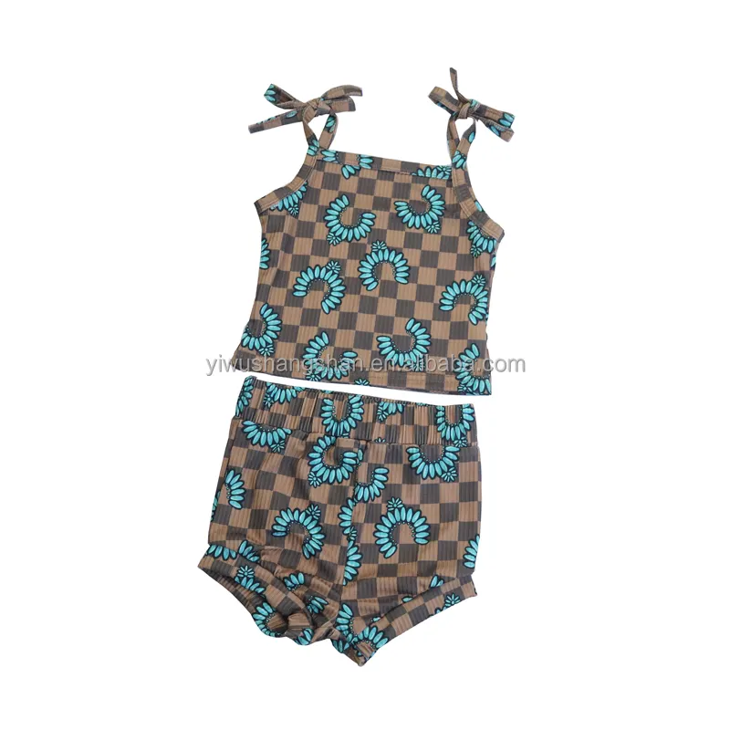 Customized OEM Western Turquoise Plaid Pattern Print Ribbed Fabric Tie Up Vest and Shorts Baby Clothing Set Kids Girls Outfits
