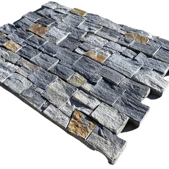 Placage populaire de pierre d'ardoise de quartz de nature de maison avant pour le coin de pilier panneau de pierre verte empilé rouillé extérieur