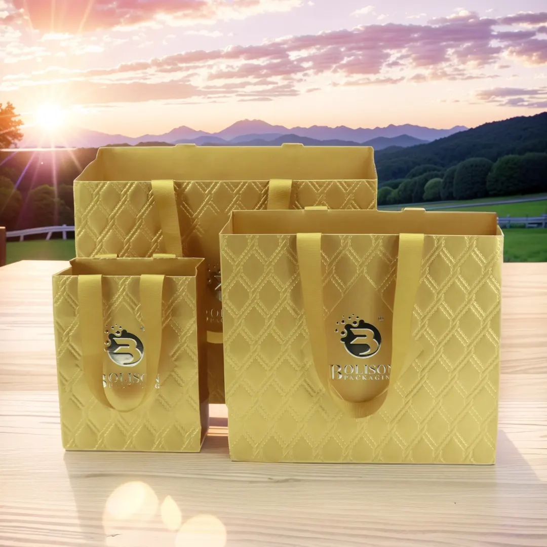 Luxus-Geschenk-Kosmetikverpackung Einkauf Beauty-Perücken-Verpackung kunstvolles Design strukturierte bedruckte goldene kundenspezifische Papiertüten mit Stempeldruck