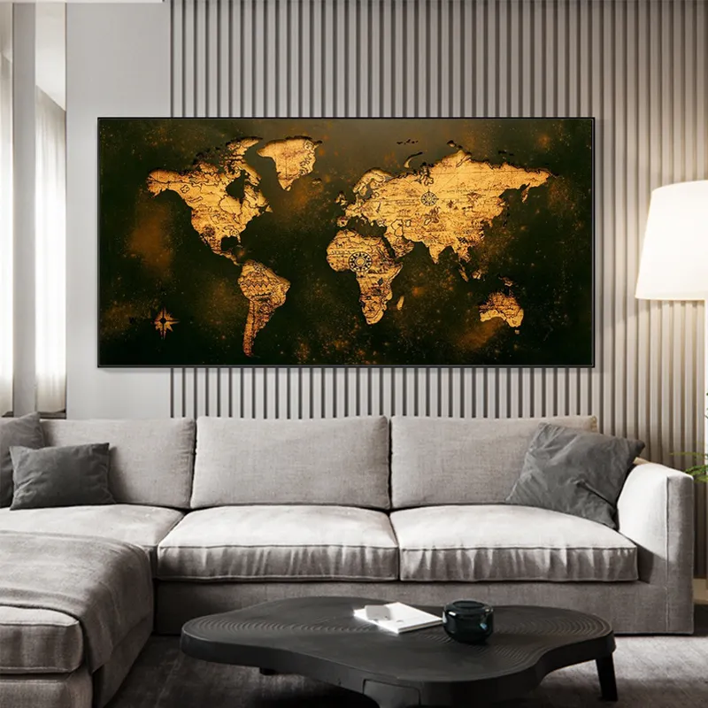 Toile peinture décor intéressant peinture à l'huile peinture murale affiche Vintage carte du monde doré dans le salon