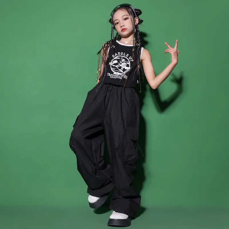 Niños Kpop Ropa de baile chaleco negro Crop Tops camiseta negro Casual Cargo Hip Hop pantalones para niña Jazz traje de baile ropa