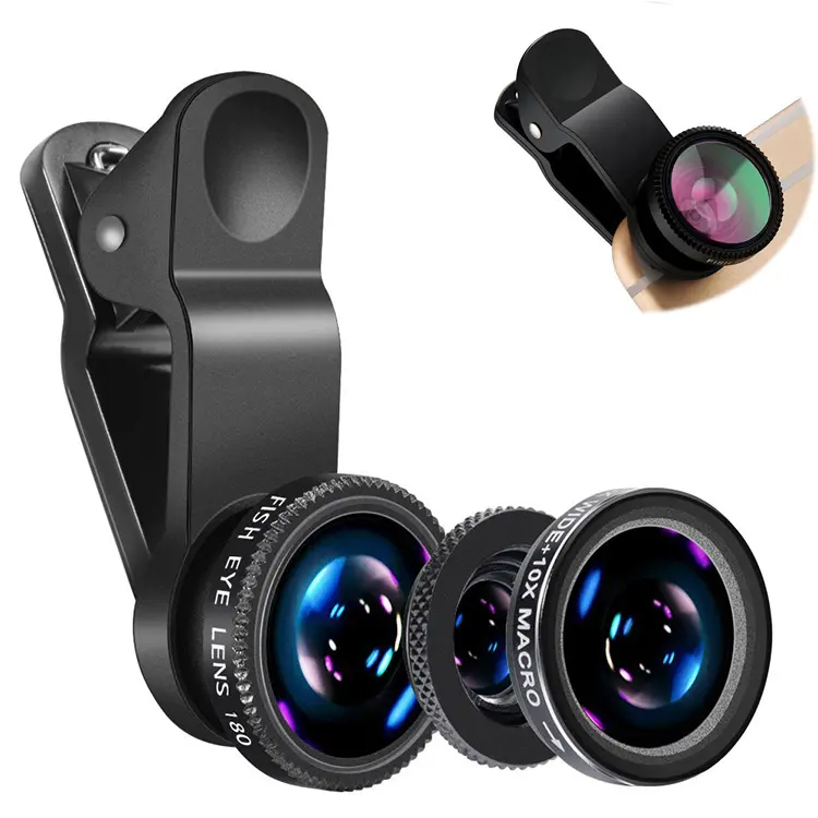 Kit de lente de cámara de teléfono móvil 3 en 1, lente de teléfono inteligente de gran angular, Micro cámara para iPhone y Samsung