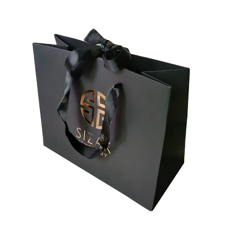 OEM Packaging Manufacturer Custom Printed Gold Logo Matt Black Luxury Paper Bag with Ribbon Handle