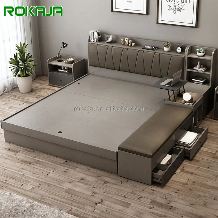 Cama de casal de couro com design minimalista, cama moderna e multifuncional para dormir com gavetas, móveis para quarto adulto