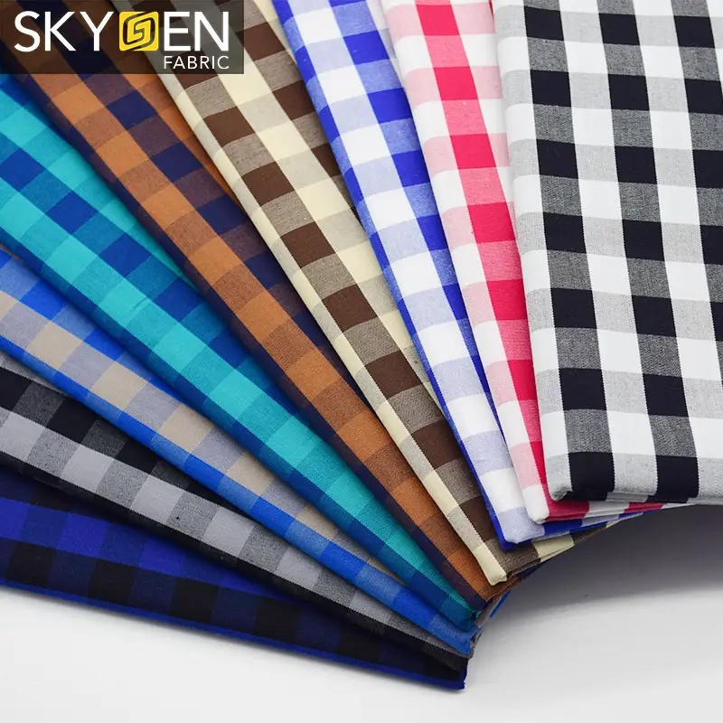 กว่างโจว Skygen สีแดงสีเทาสีน้ำตาลทอผ้าฝ้าย100ผ้าตาหมากรุกเสื้อเย็บผ้าตรวจสอบผ้า