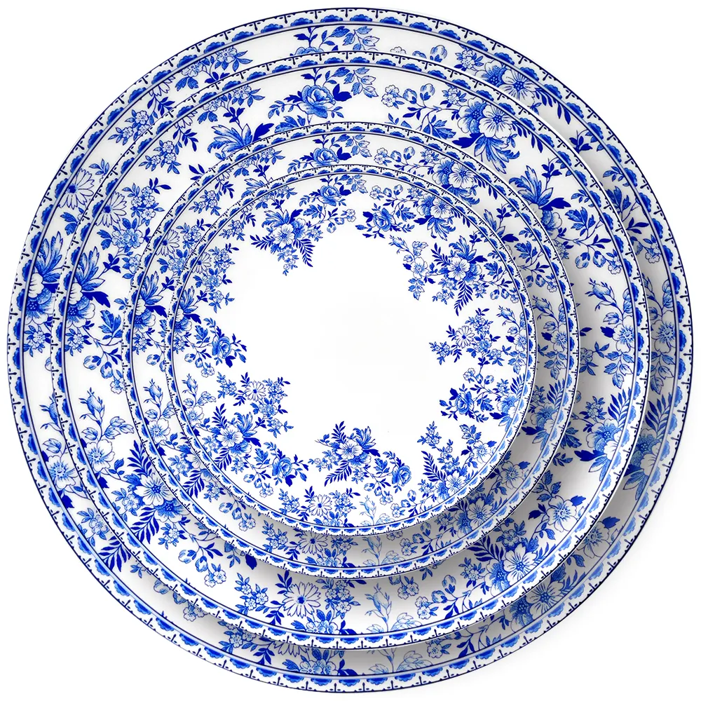 Vajilla redonda asiática de fábrica, platos de cena de cerámica Vintage, platos de porcelana azul y blanca