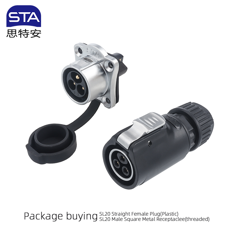 Enchufe hembra recto + conector macho con brida cuadrada