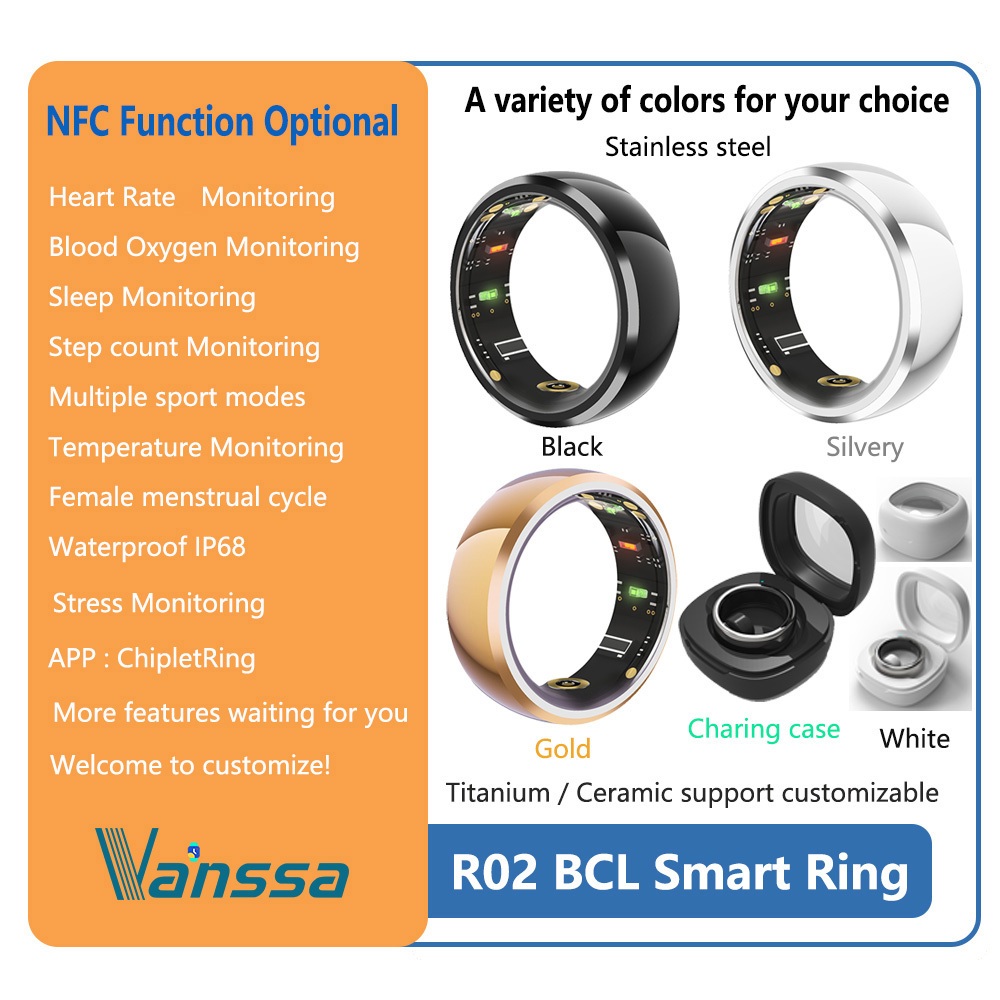 Anillo inteligente R02-BCL-NFC para salud y fitness con estuche de carga
