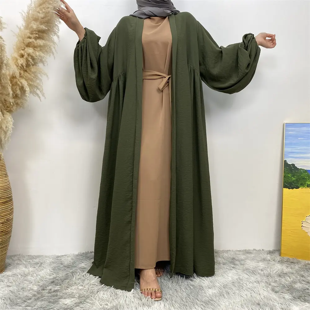 Mode Elastische Manchet Lantaarnmouwen Kimono Midden Geplooid Met Zijzakken Eid Vest Vrouwen Maxi Lange Abaya