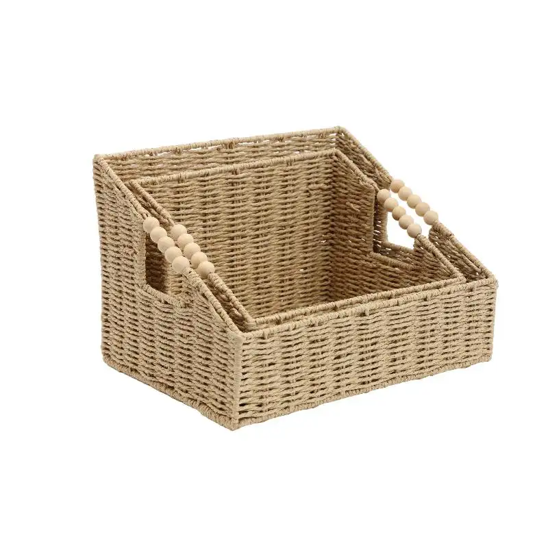 Royaumann Premium cuerda de papel tejida hecha a mano personalizada con marco de hierro cajas de almacenamiento y contenedores 2 piezas-Set cesta para almacenamiento en el hogar