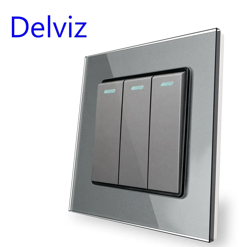 Delviz Toughened Crystal Switch Panel, AC 110V~250V Square 16A Power controller,Glass 3 Gang 2 Way Push Button Wall Light Switch