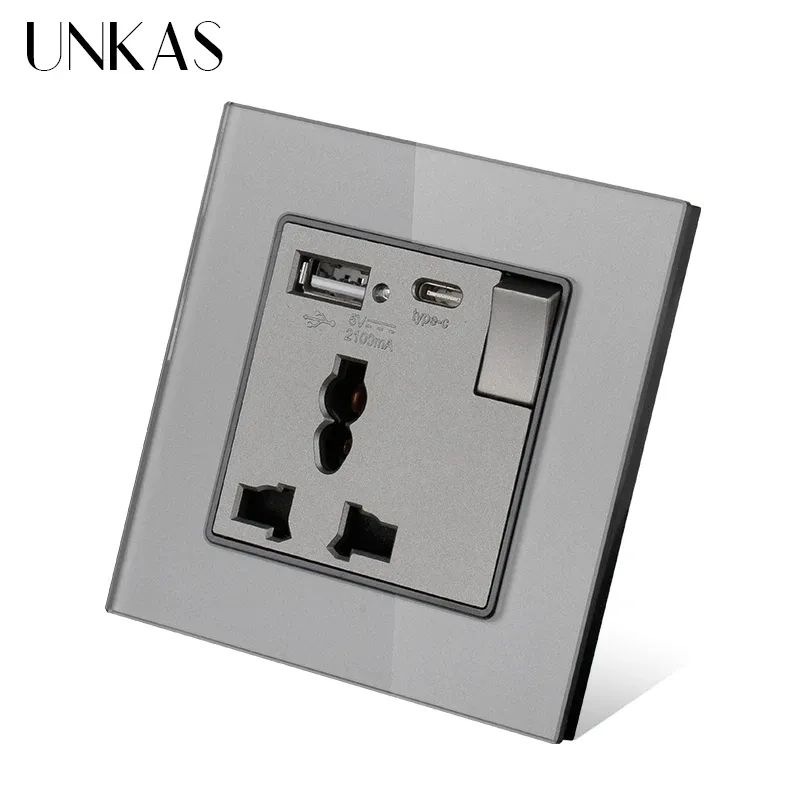UNKAS 3 pinos soquete universal com interruptor e USB tipo C portas de carregamento para iPhone Android vidro temperado painel