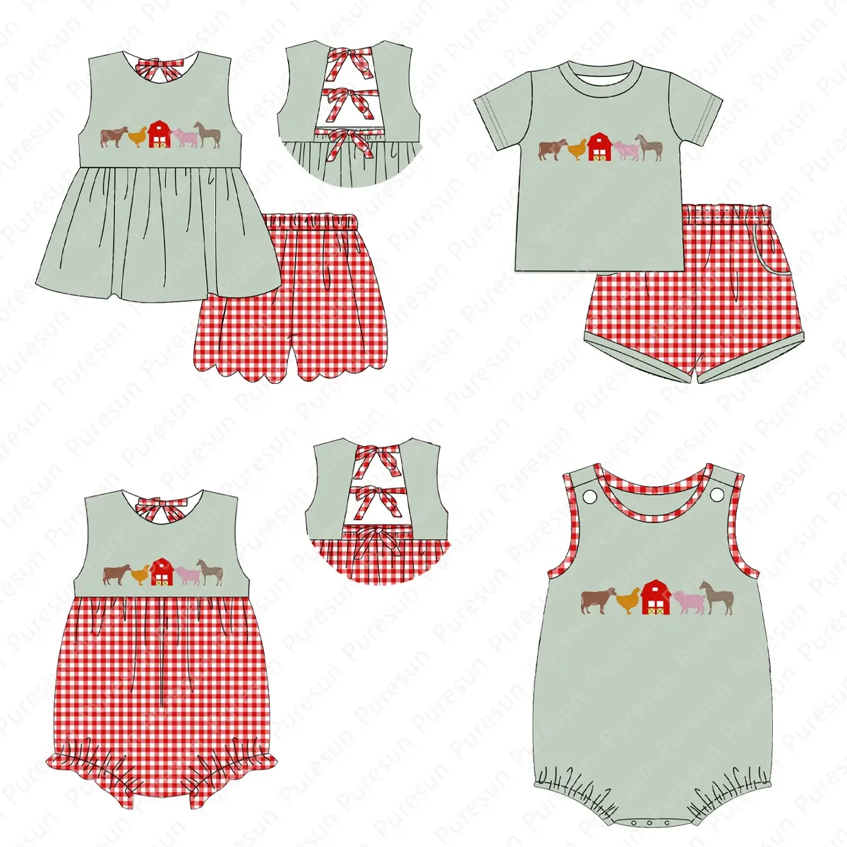 Puresun ferme thème nouveau design enfants correspondant ensembles de vêtements enfant en bas âge basse-cour animal brodé tenue ensembles de vêtements personnalisés