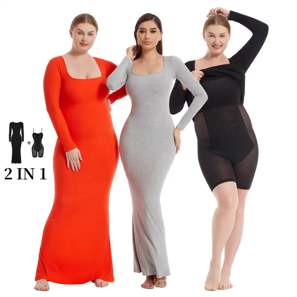 2023 Hot Sale Mulheres Praça Pescoço Manga Longa Vestido Shaper Bodycon Maxi/Mini Construído em Shapewear Bra 8 em 1 Vestidos de Salão