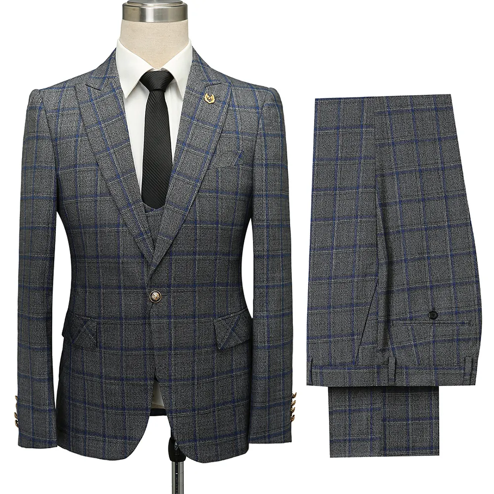 Traje formal de negocios a cuadros para hombre, chaqueta de 3 piezas personalizada, chaleco de pantalón, trajes ajustados informales, gris