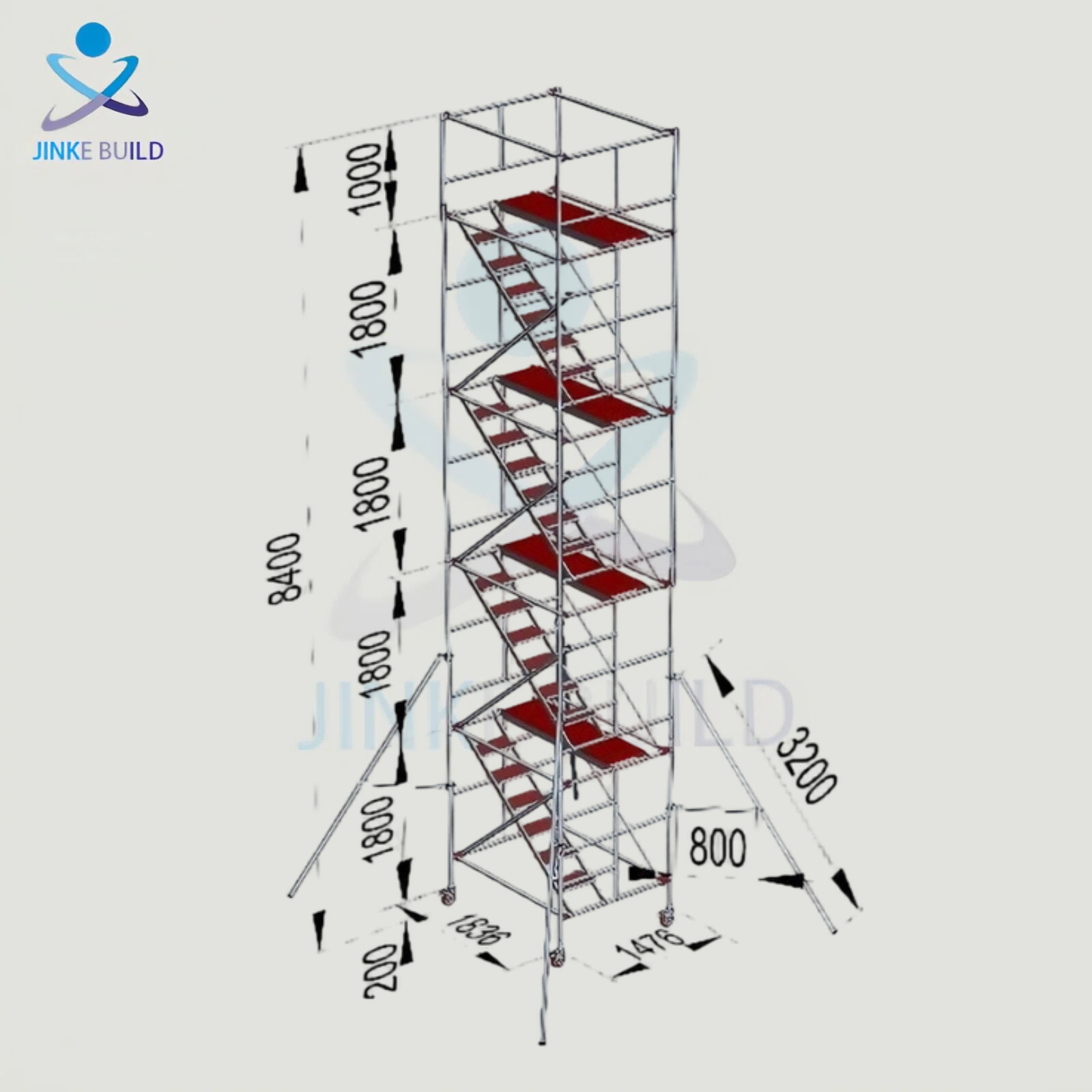 4 niveaux, hauteur totale 8400 mm, planches en bois, échelle inclinée