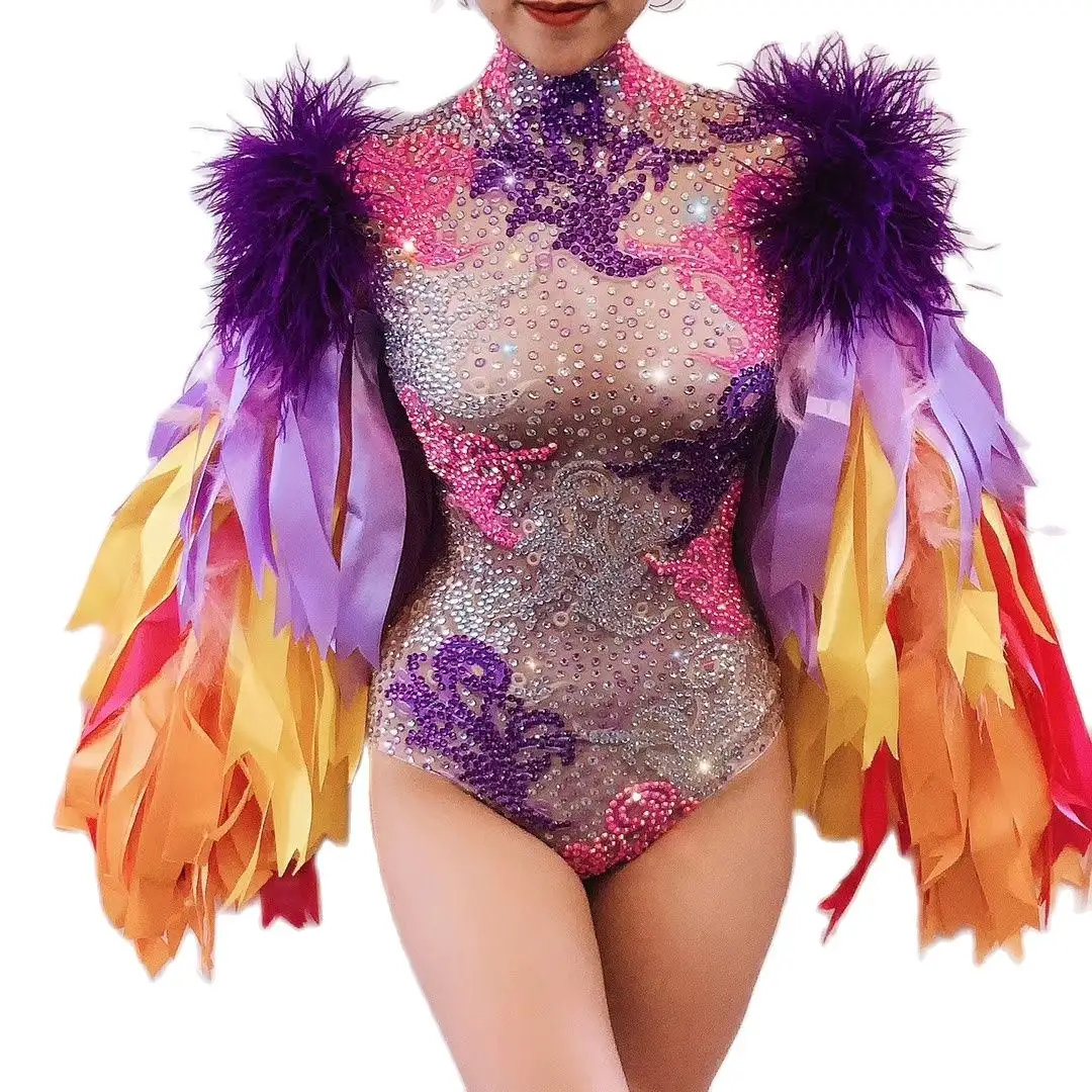Sexy coloré cristal grand ruban manches Club danse body femmes Performance porter strass fête combishort scène Costume