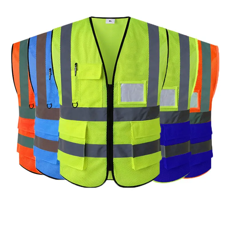 Gilet riflettente di sicurezza in maglia di poliestere ad alta visibilità con Logo all'ingrosso/personalizzato con tasche e giacca riflettente con cerniera