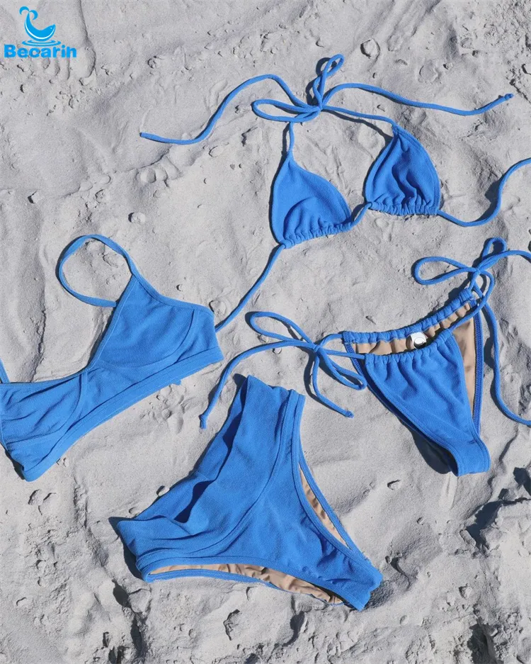 Bikini con aros para niñas, traje de baño elástico de dos piezas, color liso, 2023