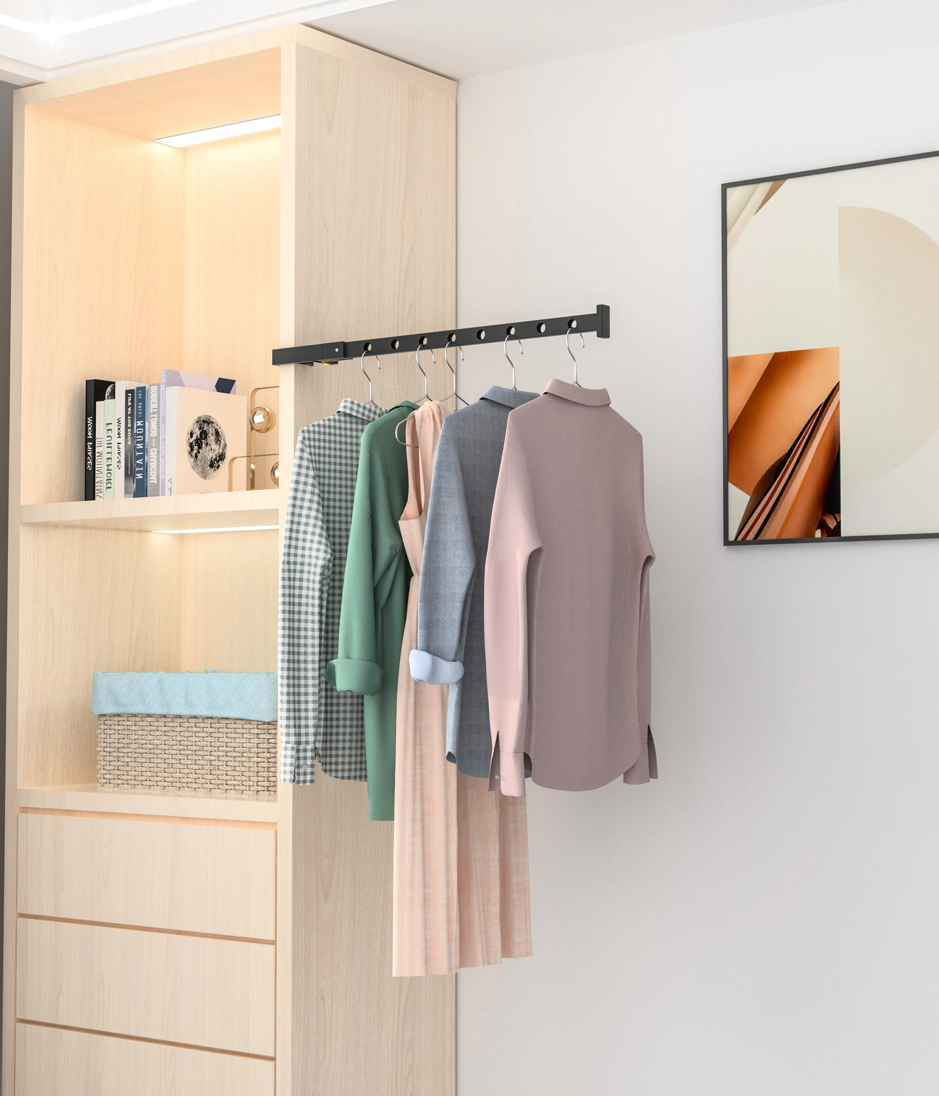 Tendedero de pared extensible para lavandería minimalista que ahorra espacio, la ropa se puede montar en estantería, escritorio, pared