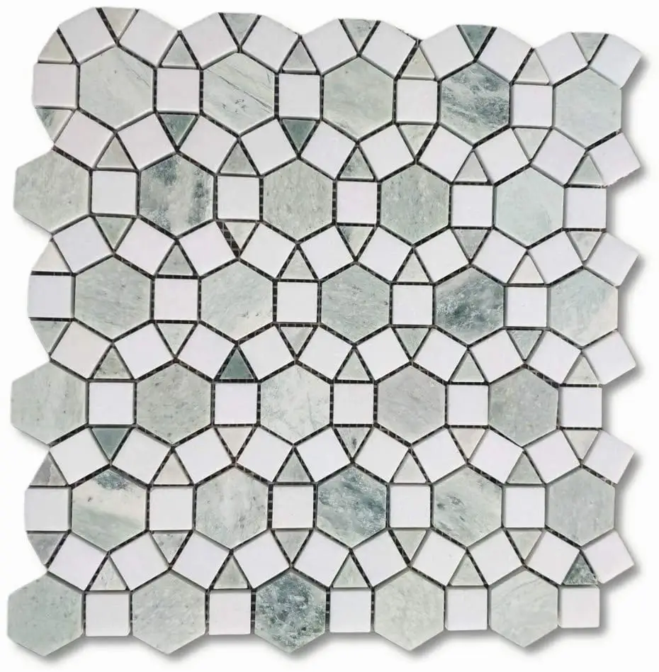 Flor mosaico branco e branco, novo design mosaico branco polido flor mosaico arte padrão verde círculo mármore mosaico