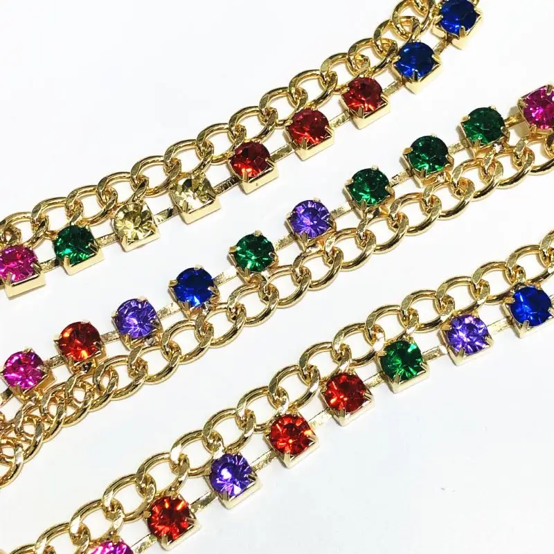Fancy color diamond metal chain fashion abbigliamento abbellimento decorazione catena di strass accessori per gioielli fai da te all'ingrosso