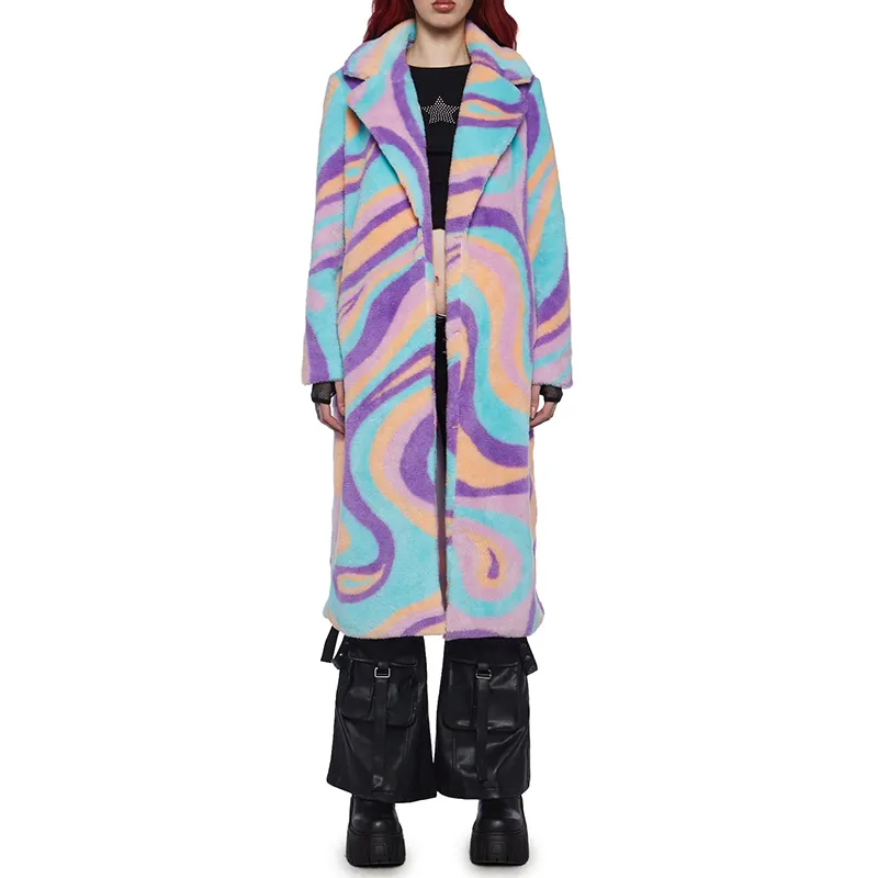 Abrigo maxi de piel sintética con cuello entallado y estampado personalizado a la moda, abrigo cálido de invierno para mujer de gran oferta de alta calidad