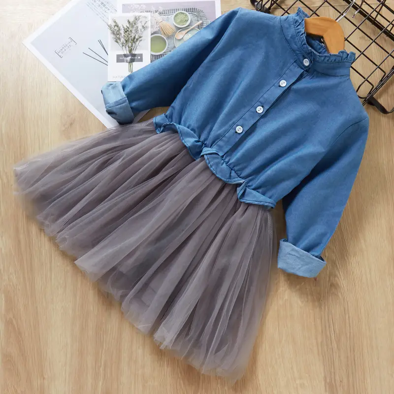 Hot Sale Spring Baby Girls Kids Clothing Solid Long Sleeve Denim Lace Dress Princess Dresses Cotton For Children Clothes Dress