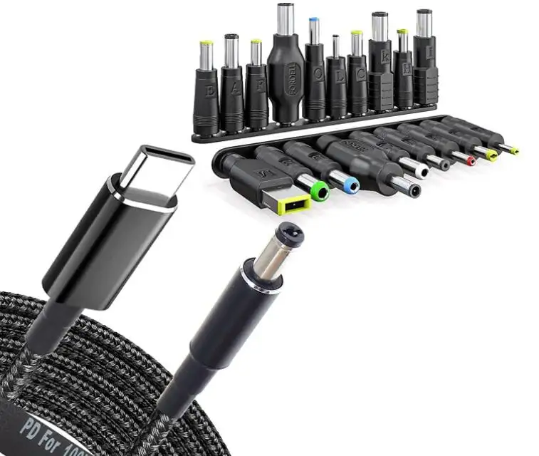 Adaptadores USB C a DC, juego de 19 enchufes de alimentación, Cable de suministro de cargador Universal, Cable trenzado PD y conector de barril redondo de 5,5x2,1mm