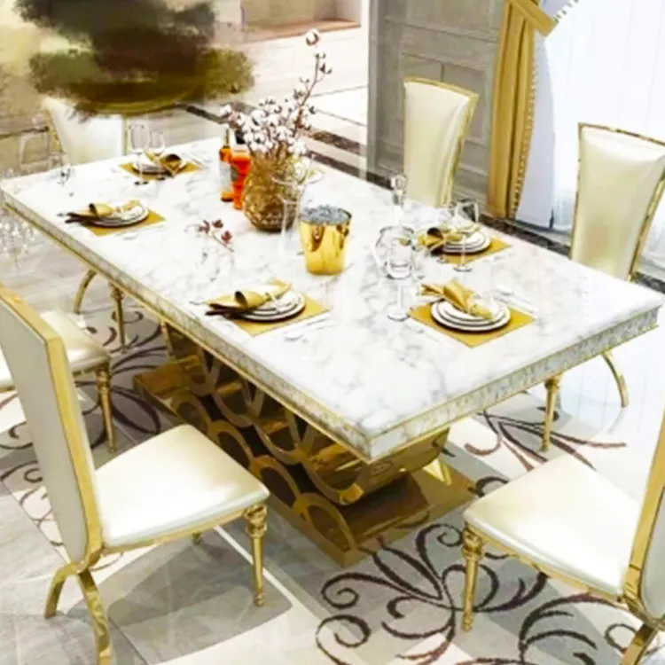 Venta al por mayor oro de lujo moderno Rectangular comedor muebles para el hogar 6 sillas de comedor mármol redondo mesa de comedor conjunto