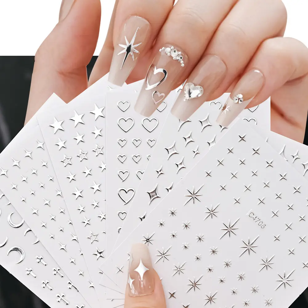 Novo adesivo para unhas prateado de metal líquido Y2K fashion legal versátil estrela lua amor tamanho pequeno DIY adesivo para decoração de unhas