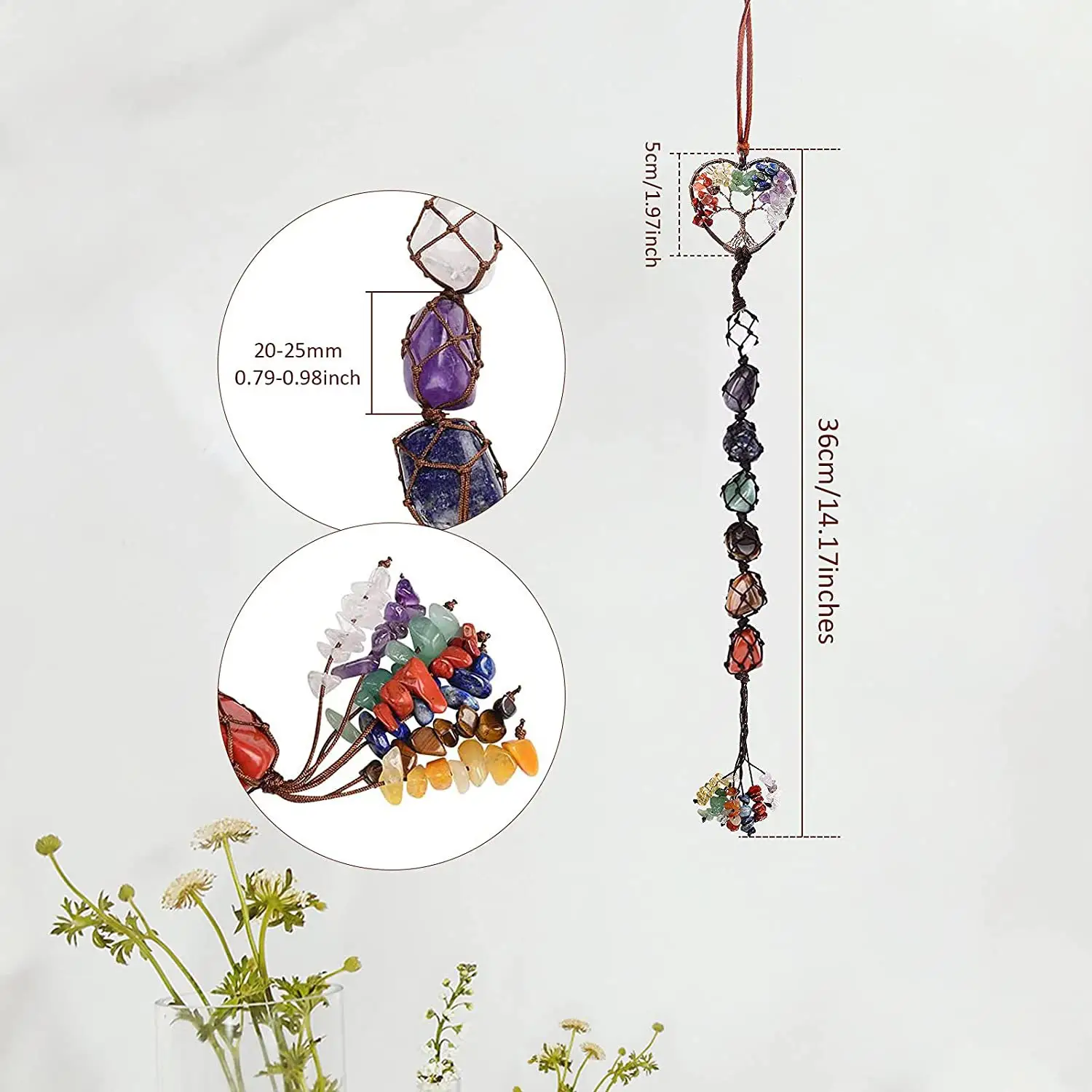 Colorido de Cristal Pedra Bruta Mão-Tecido Pingente Pedra Natural Carro Pendurado Da Árvore Da Vida 7 Chakra Decoração de Casa Feng Shui Ornamento