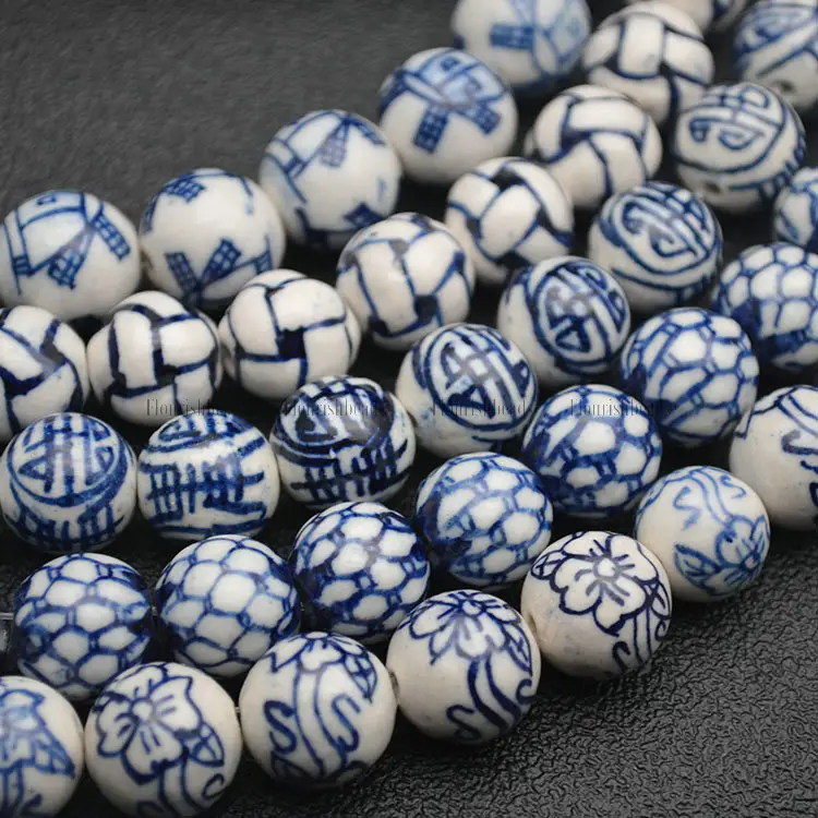 Berbagai Desain Batu Keramik Porselen Biru dan Putih Manik-manik Bulat 12Mm 14Mm 16Mm 18Mm Perlengkapan Pembuatan Perhiasan