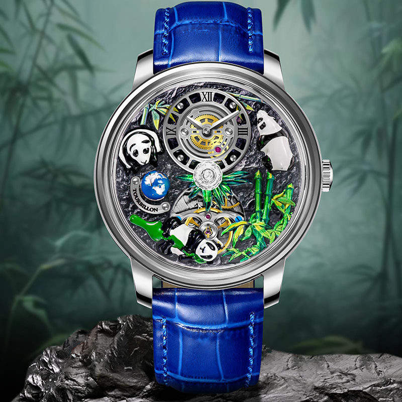 Série Panda-boîtier argenté-bracelet bleu-perle centrale non rotative